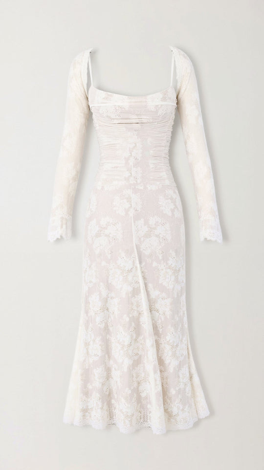 Damen Brautkleid mit eckigem Ausschnitt und langen Ärmeln aus Spitze | Maxi