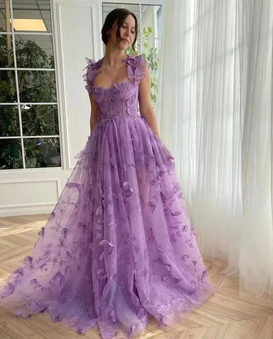 Damen Ballkleid | A-Linien Maxikleid mit Blumenmuster und Schlitz