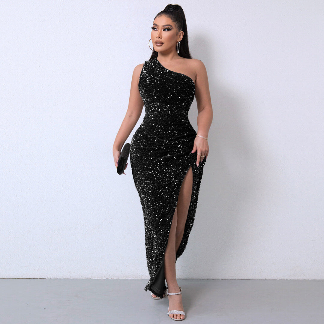 Damen Ein Schulter Paillettenkleid Mit Hohem Schlitz | Elegant
