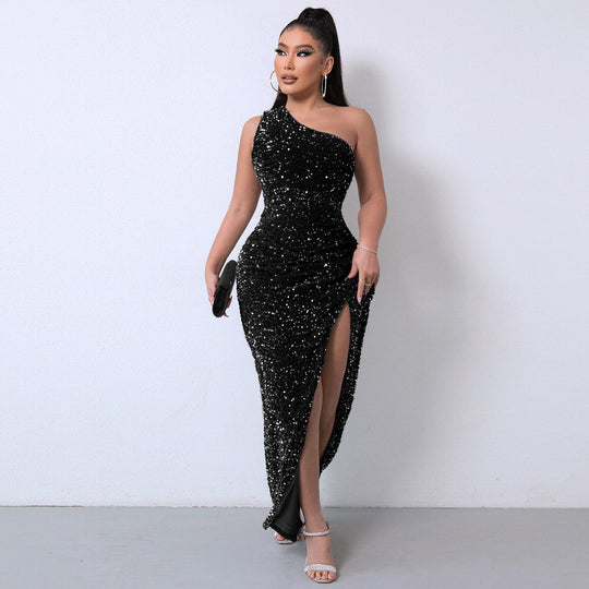Damen Ein Schulter Paillettenkleid Mit Hohem Schlitz | Elegant