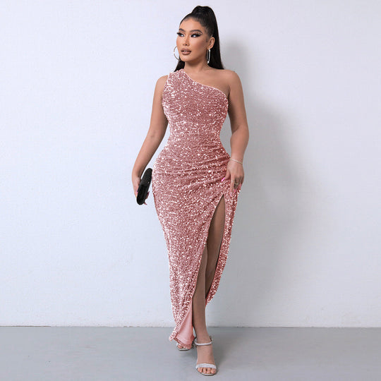 Damen Ein Schulter Paillettenkleid Mit Hohem Schlitz | Elegant