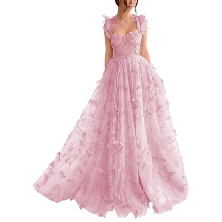 Damen Ballkleid | A-Linien Maxikleid mit Blumenmuster und Schlitz