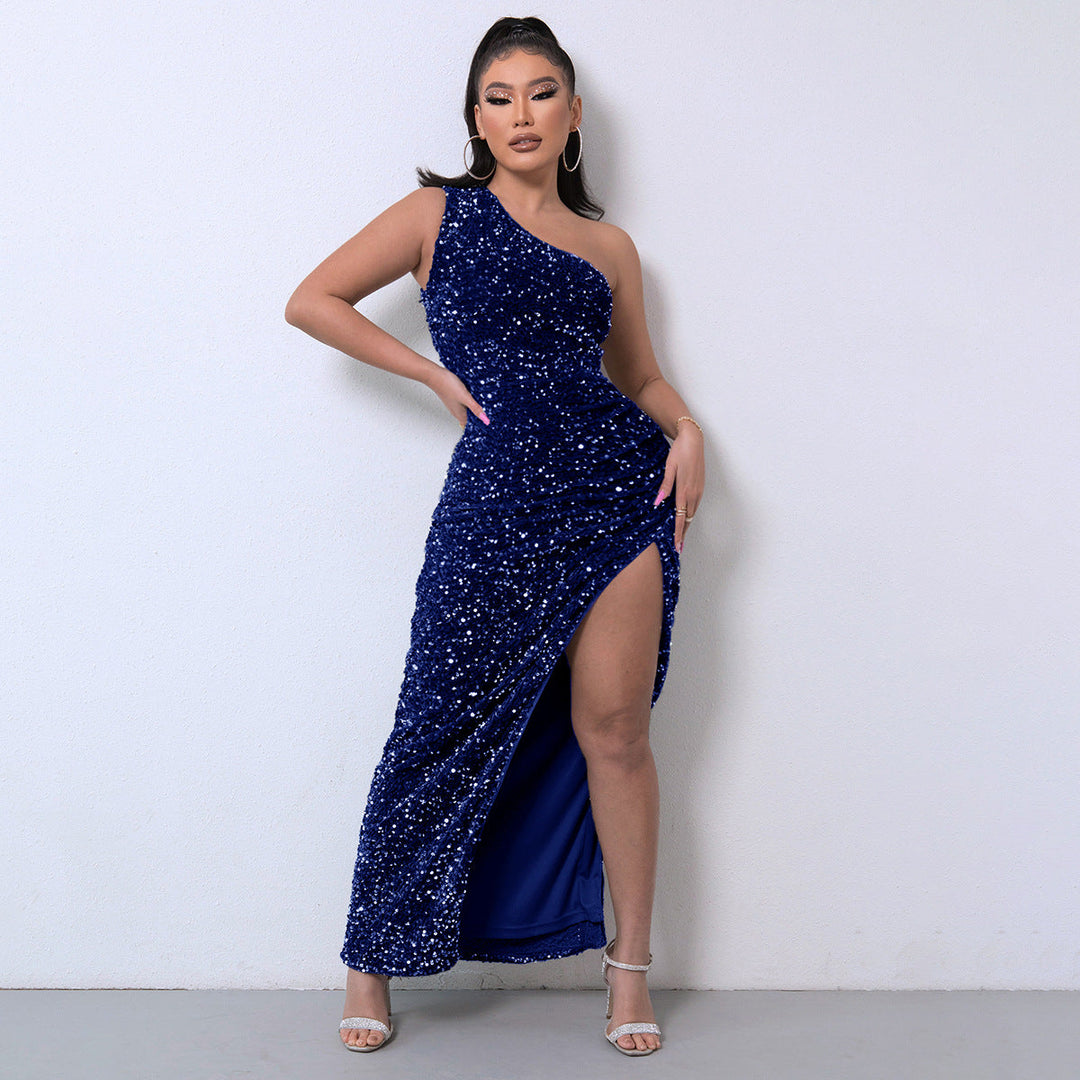 Damen Ein Schulter Paillettenkleid Mit Hohem Schlitz | Elegant