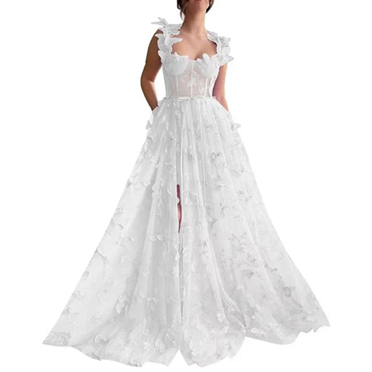 Damen Ballkleid | A-Linien Maxikleid mit Blumenmuster und Schlitz