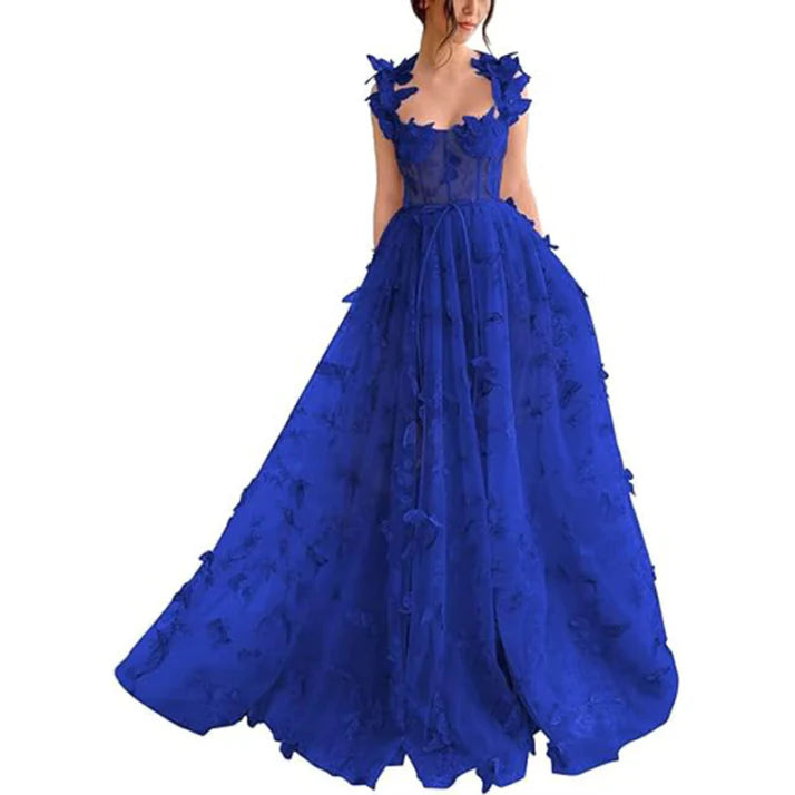 Damen Ballkleid | A-Linien Maxikleid mit Blumenmuster und Schlitz