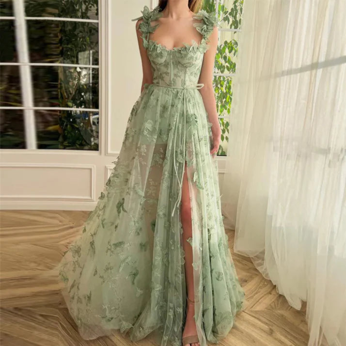 Damen Ballkleid | A-Linien Maxikleid mit Blumenmuster und Schlitz