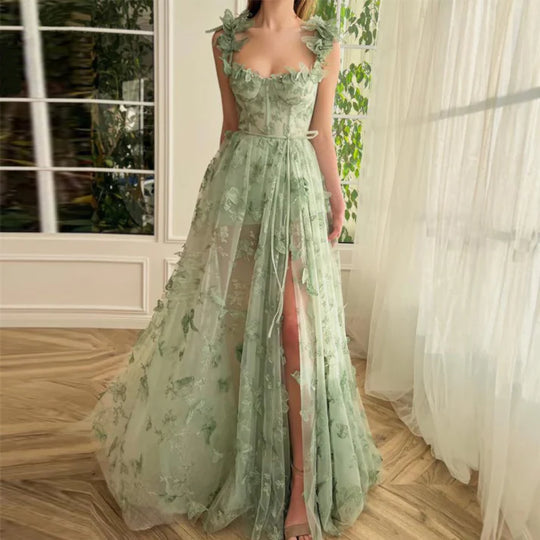 Damen Ballkleid | A-Linien Maxikleid mit Blumenmuster und Schlitz