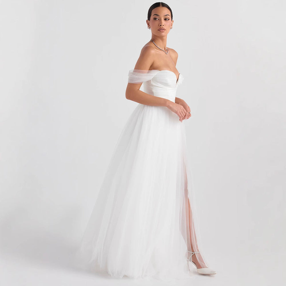 Damen Brautkleid mit Off Shoulder und hohem Schlitz | Maxi