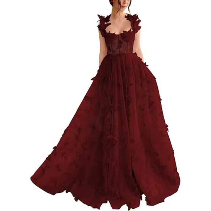 Damen Ballkleid | A-Linien Maxikleid mit Blumenmuster und Schlitz