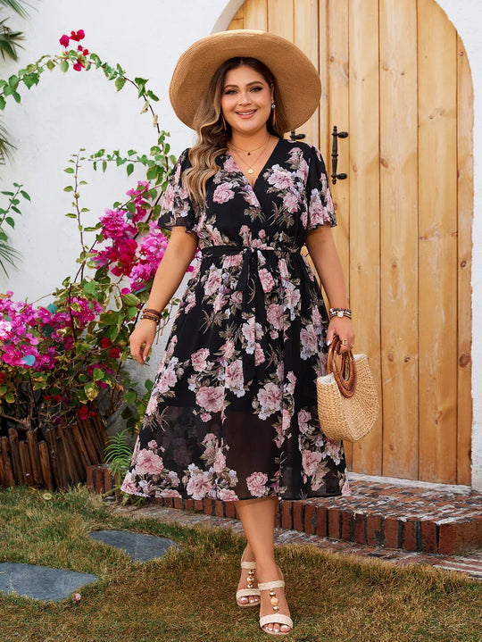 Amber Kleid - Plus Size Blumenprint V-Ausschnitt Midikleid