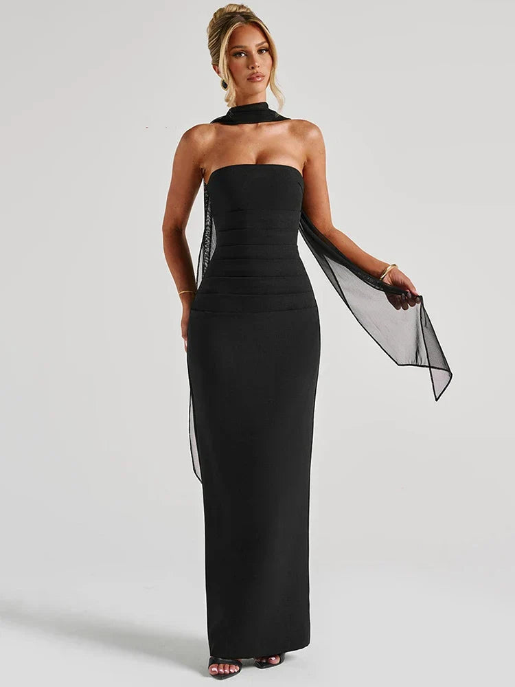 Damen Ballkleid mit trägerlosem Design und Halstuch | Maxi
