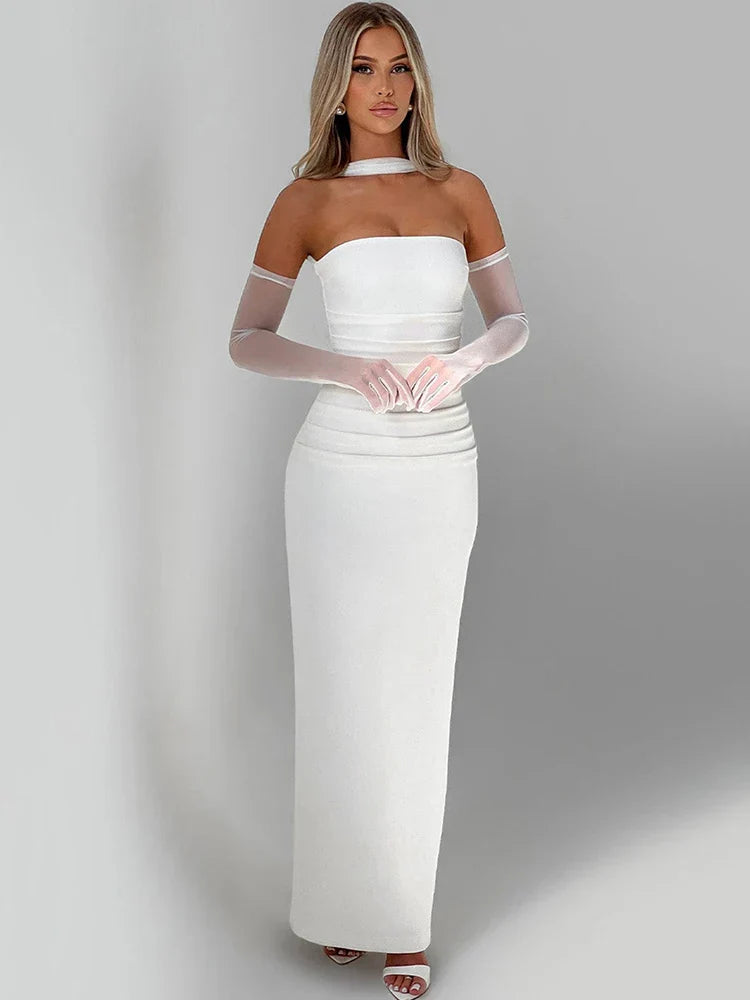 Damen Ballkleid mit trägerlosem Design und Halstuch | Maxi