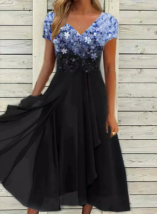 Damen Ballkleid mit V-Ausschnitt und Blumenmuster | Midi