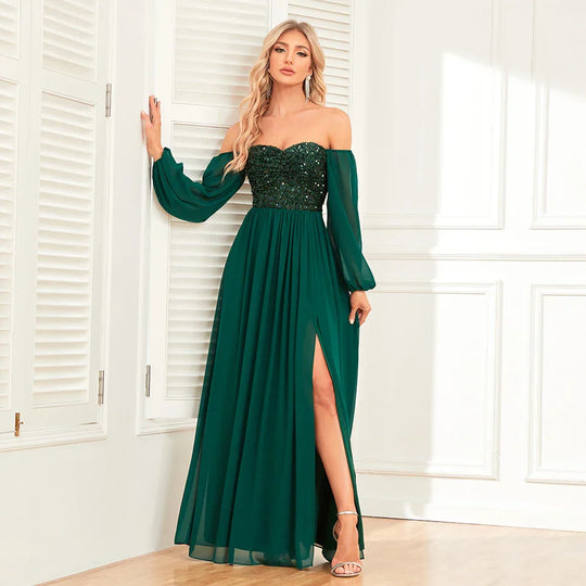 Damen Abendmode Paillettenkleid Mit Pufferärmeln | Elegant