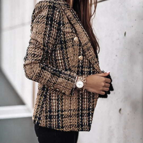 Damen Blazer im Karo-Muster | Doppelreihig Hüftlang