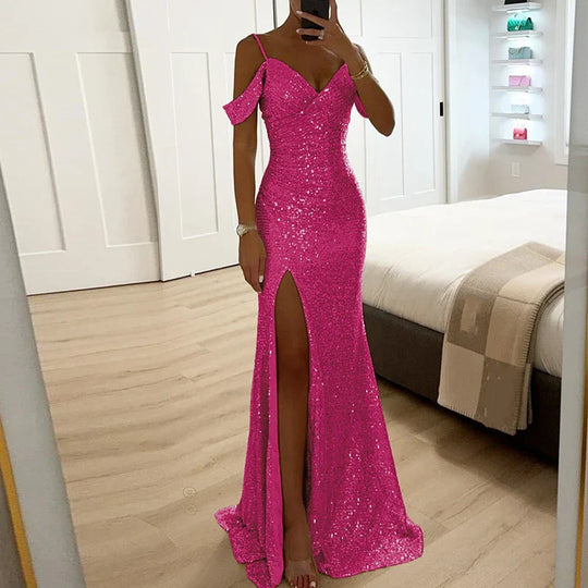 Damen Schulterfreies Paillettenkleid Mit Hohem Schlitz | Bodenlang