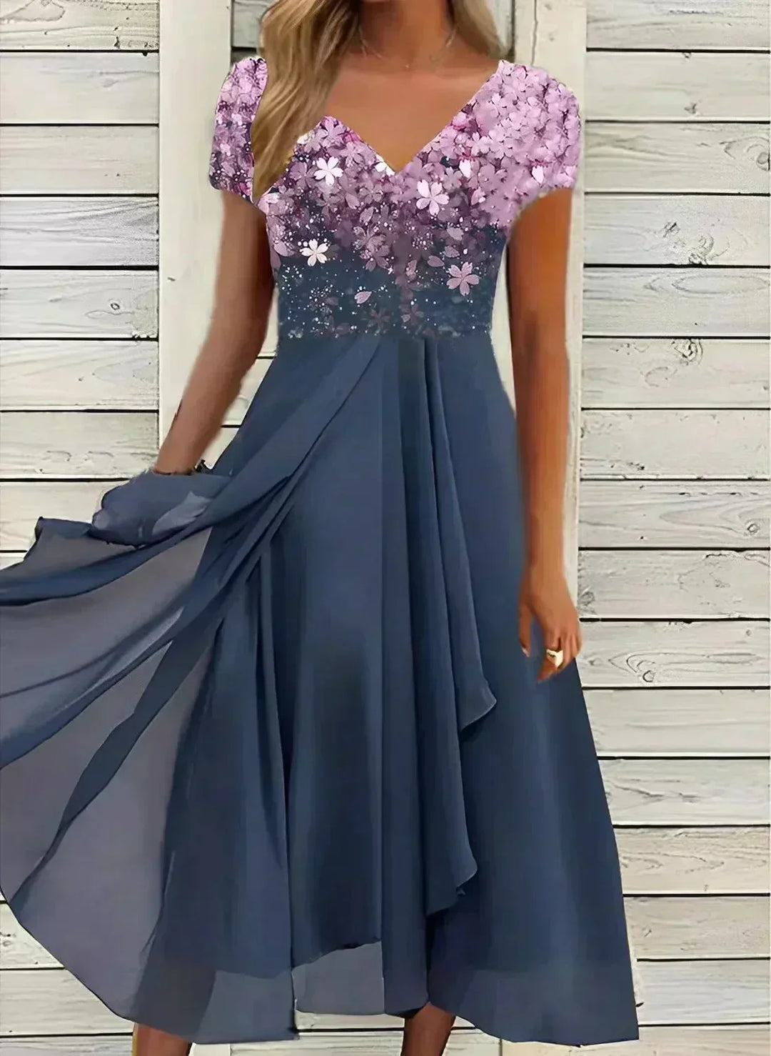 Damen Ballkleid mit V-Ausschnitt und Blumenmuster | Midi