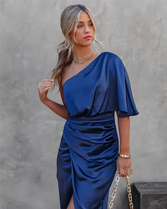 Abendkleid Damen | Midi mit One-Shoulder und Drapierung