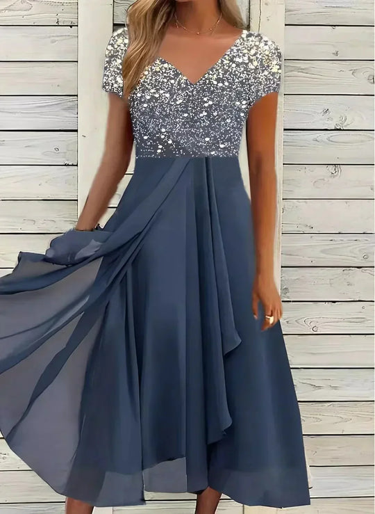 Damen Ballkleid mit V-Ausschnitt und Blumenmuster | Midi