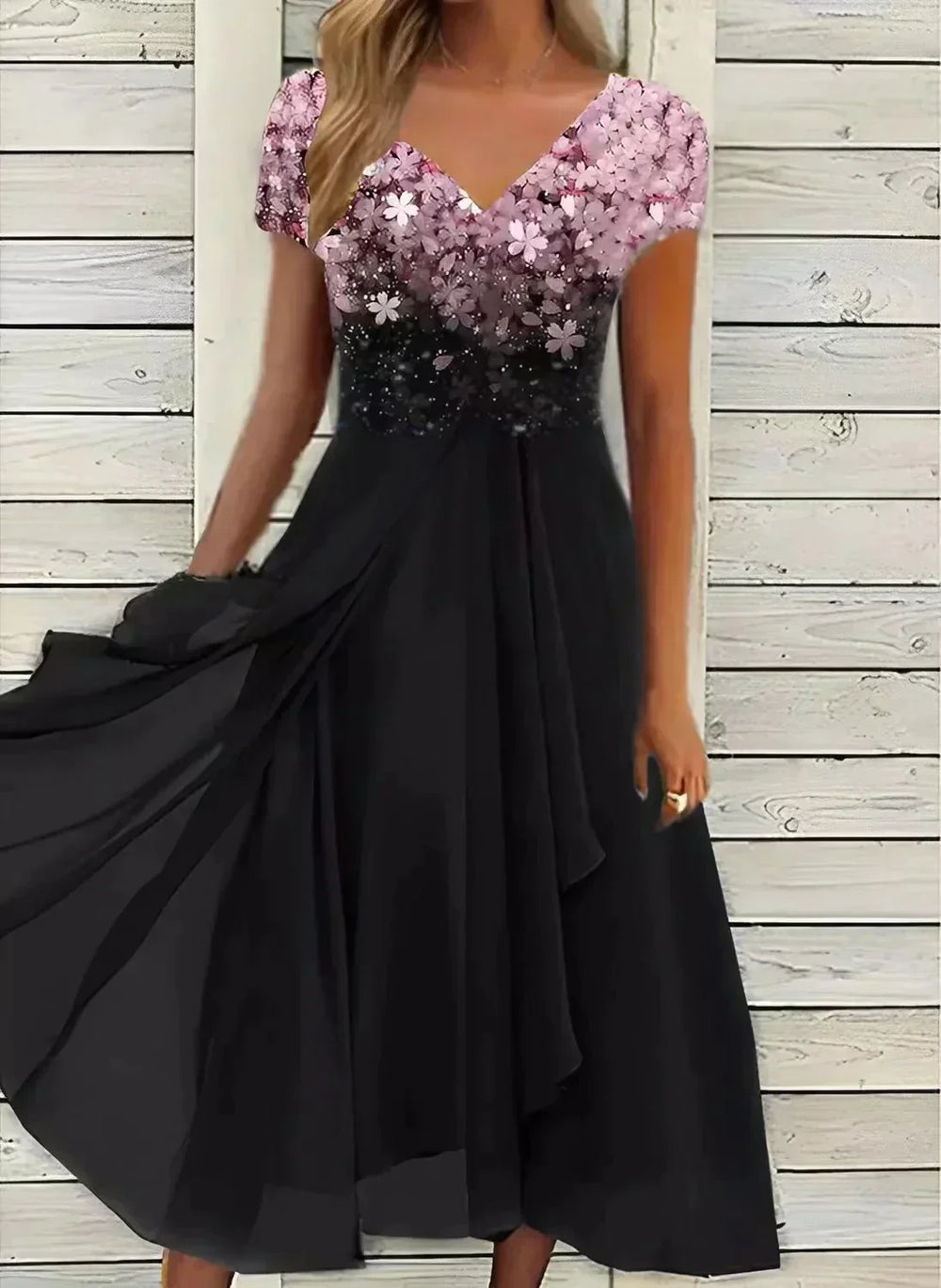 Damen Ballkleid mit V-Ausschnitt und Blumenmuster | Midi