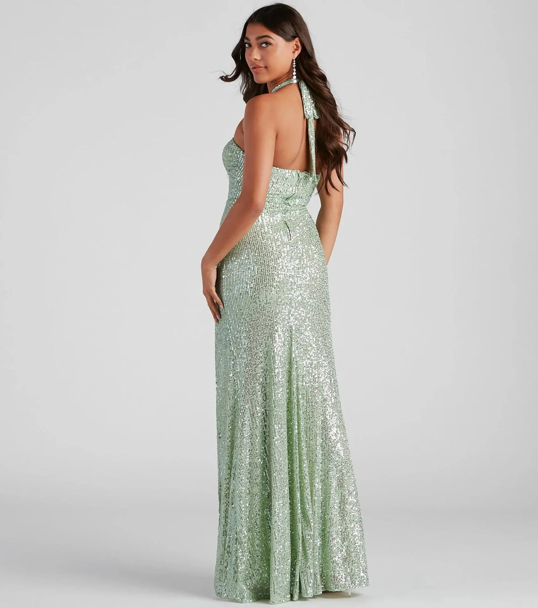 Damen Neckholder Paillettenkleid Mit Hohem Schlitz | Elegant
