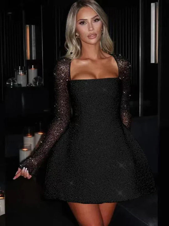 Damen Langarm Paillettenkleid Mit Quadratischem Ausschnitt | Mini