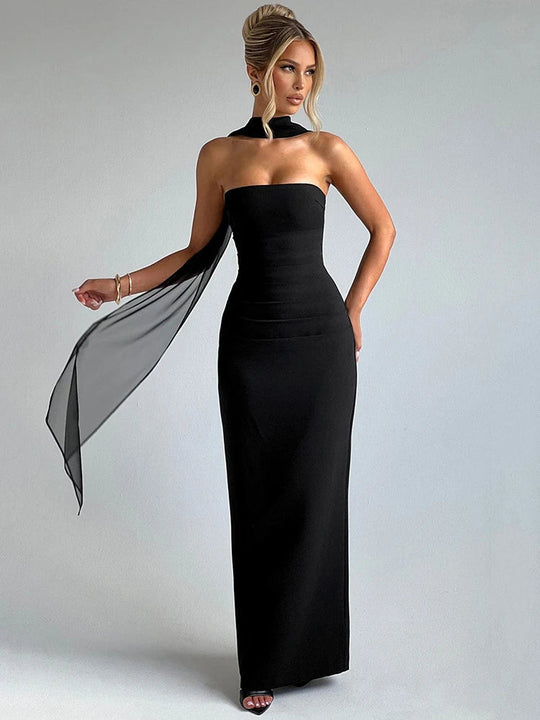 Damen Ballkleid mit trägerlosem Design und Halstuch | Maxi