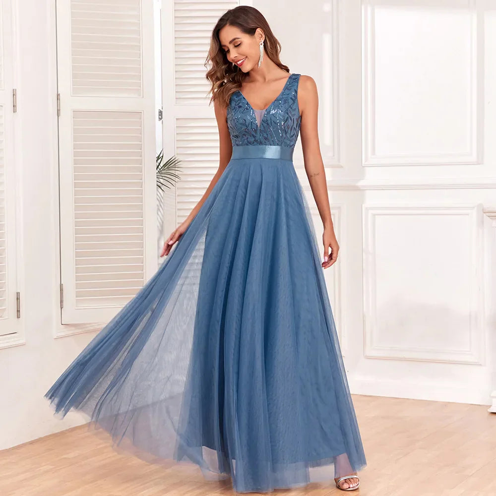 Damen Ballkleid mit V-Ausschnitt und Paillettenoberteil | Maxi