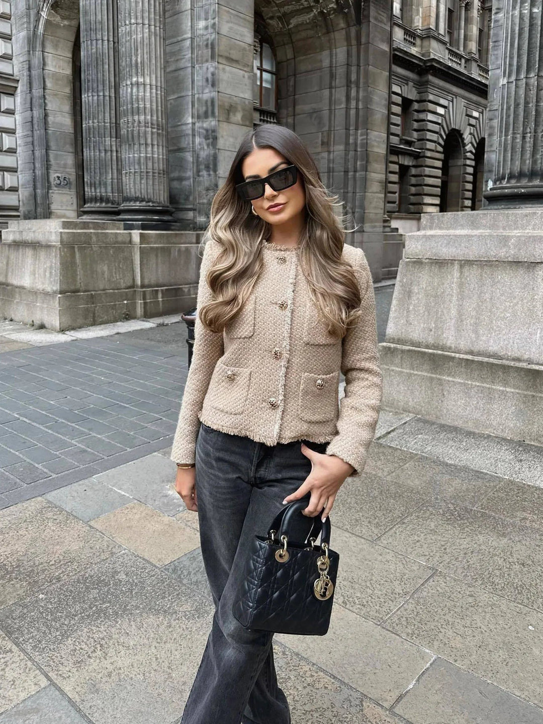 Damen Kurze Jacke mit Knöpfen | Rundhalsausschnitt