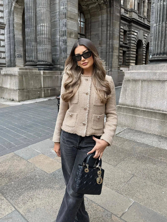 Damen Kurze Jacke mit Knöpfen | Rundhalsausschnitt