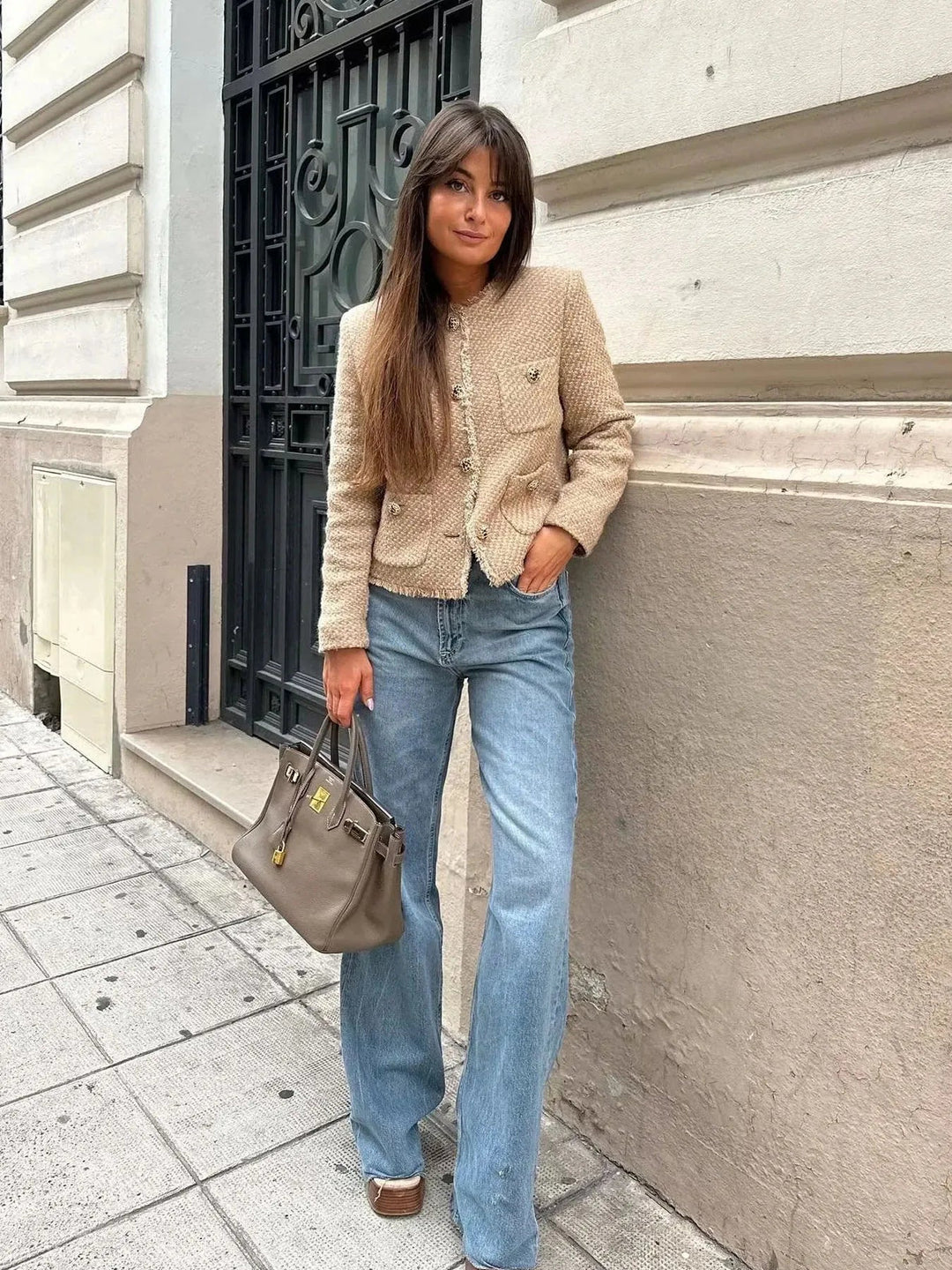 Damen Kurze Jacke mit Knöpfen | Rundhalsausschnitt