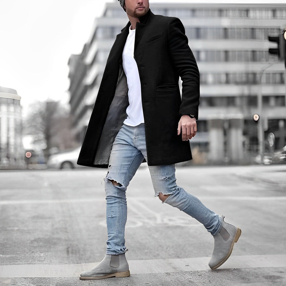 Mantel Herren Winterjacke | Langer Schnitt mit Stehkragen und Seitentaschen