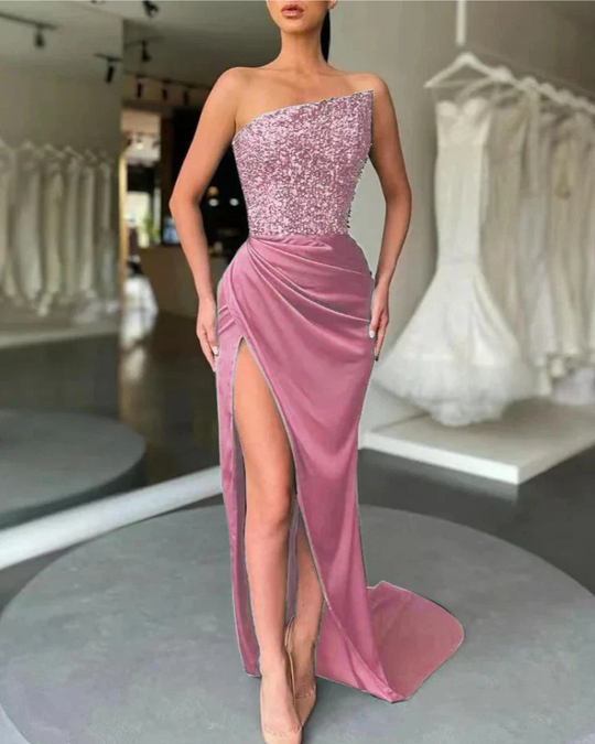 Damen Ballkleid mit asymmetrischem Ausschnitt und Paillettenoberteil | Maxi