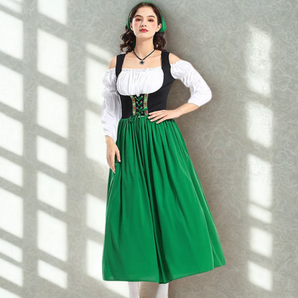Damen Dirndl Kleid in Midi-Länge | Schulterfreie Bluse