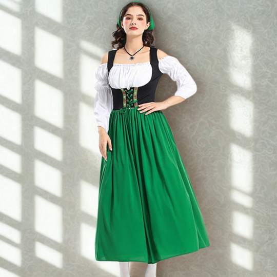Damen Dirndl Kleid in Midi-Länge | Schulterfreie Bluse