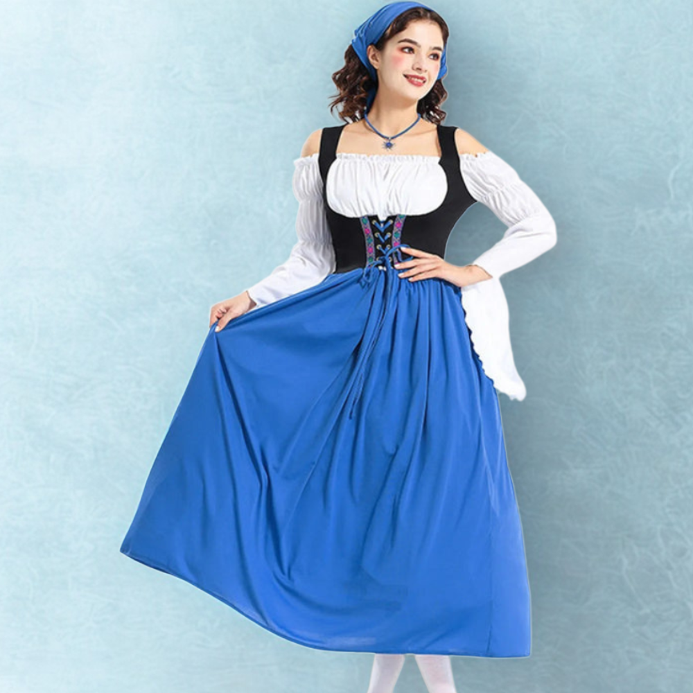 Damen Dirndl Kleid in Midi-Länge | Schulterfreie Bluse