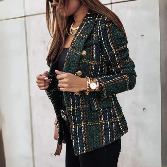 Damen Blazer im Karo-Muster | Doppelreihig Hüftlang