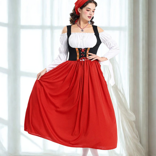 Damen Dirndl Kleid in Midi-Länge | Schulterfreie Bluse