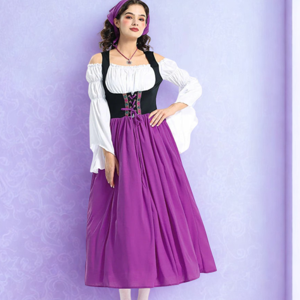 Damen Dirndl Kleid in Midi-Länge | Schulterfreie Bluse