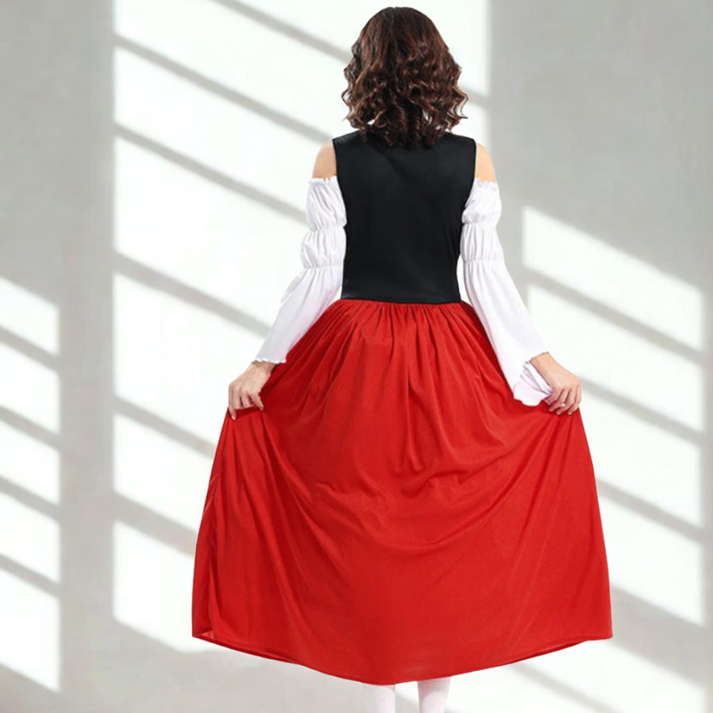 Damen Dirndl Kleid in Midi-Länge | Schulterfreie Bluse