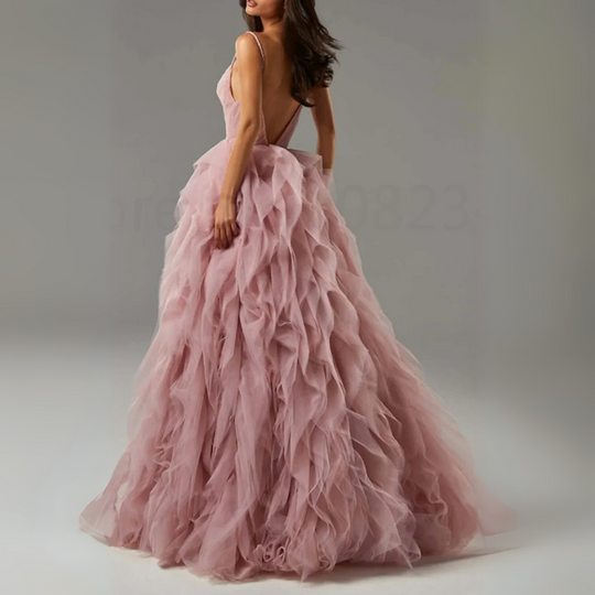 Damen Ballkleid mit Volantrock und Spaghettiträgern | Maxi