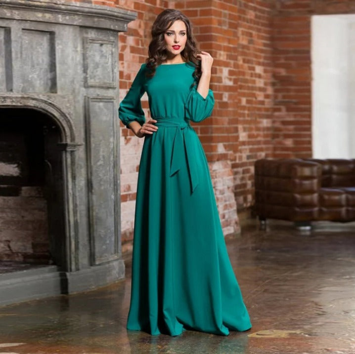Damen Brautkleid mit Rundhalsausschnitt und Bindegürtel | Maxi