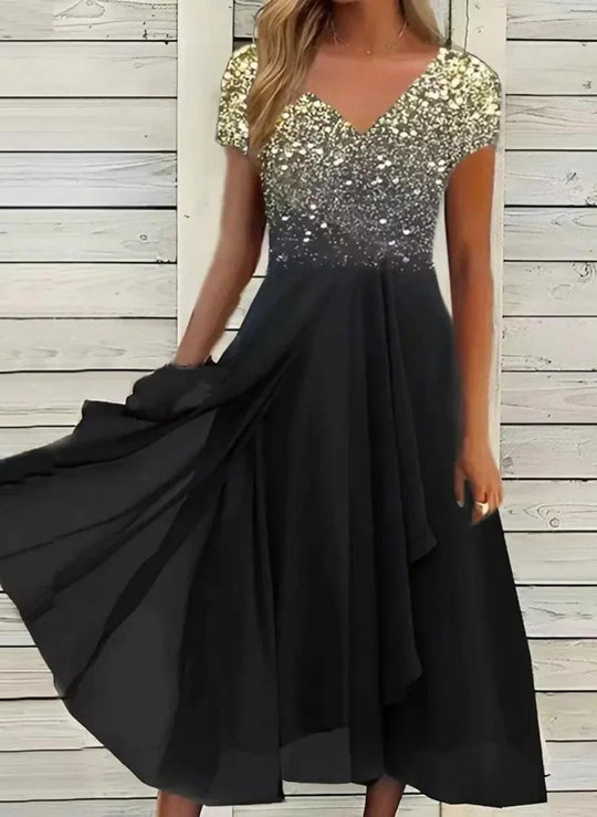 Damen Ballkleid mit V-Ausschnitt und Blumenmuster | Midi