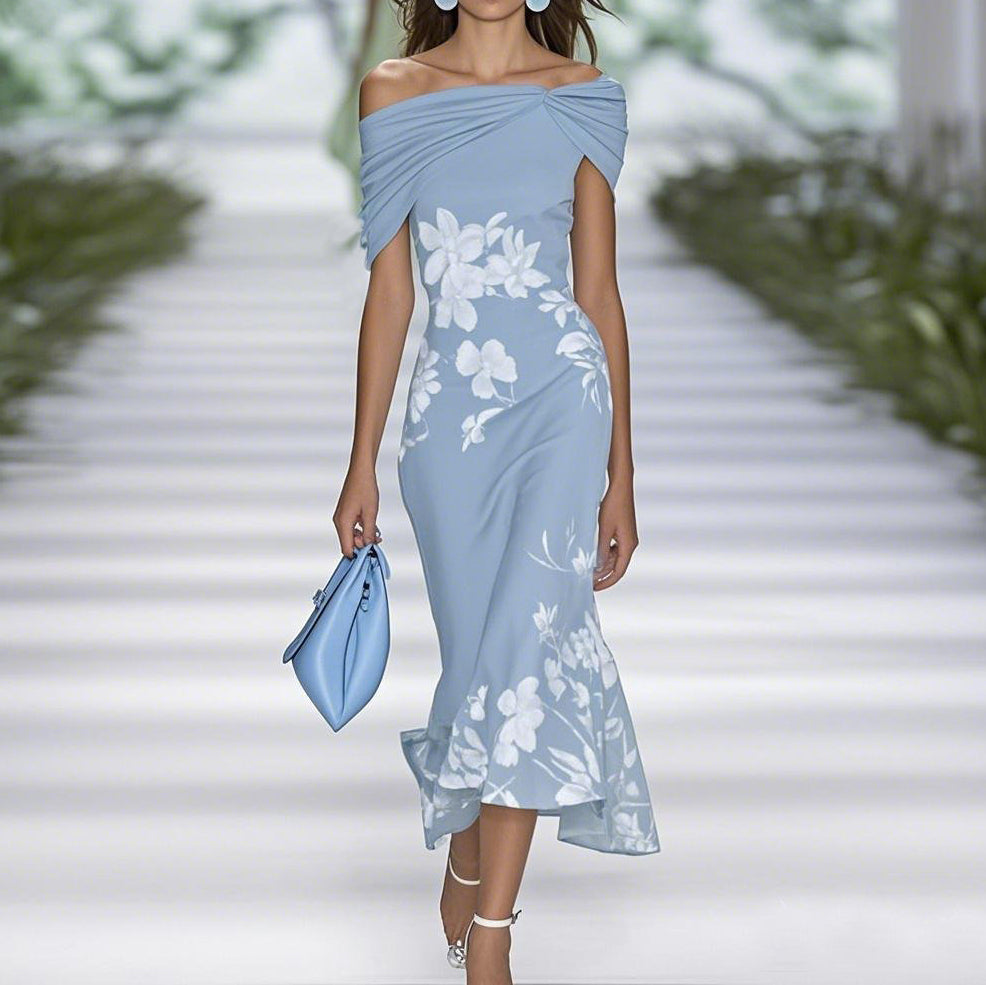 Abendkleid Damen mit Blumenmuster | Midi Schulterfrei