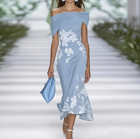 Abendkleid Damen mit Blumenmuster | Midi Schulterfrei