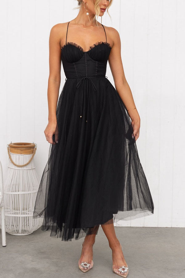 Abendkleid Damen | Midi mit Trägern und Mehrlagigem Rock