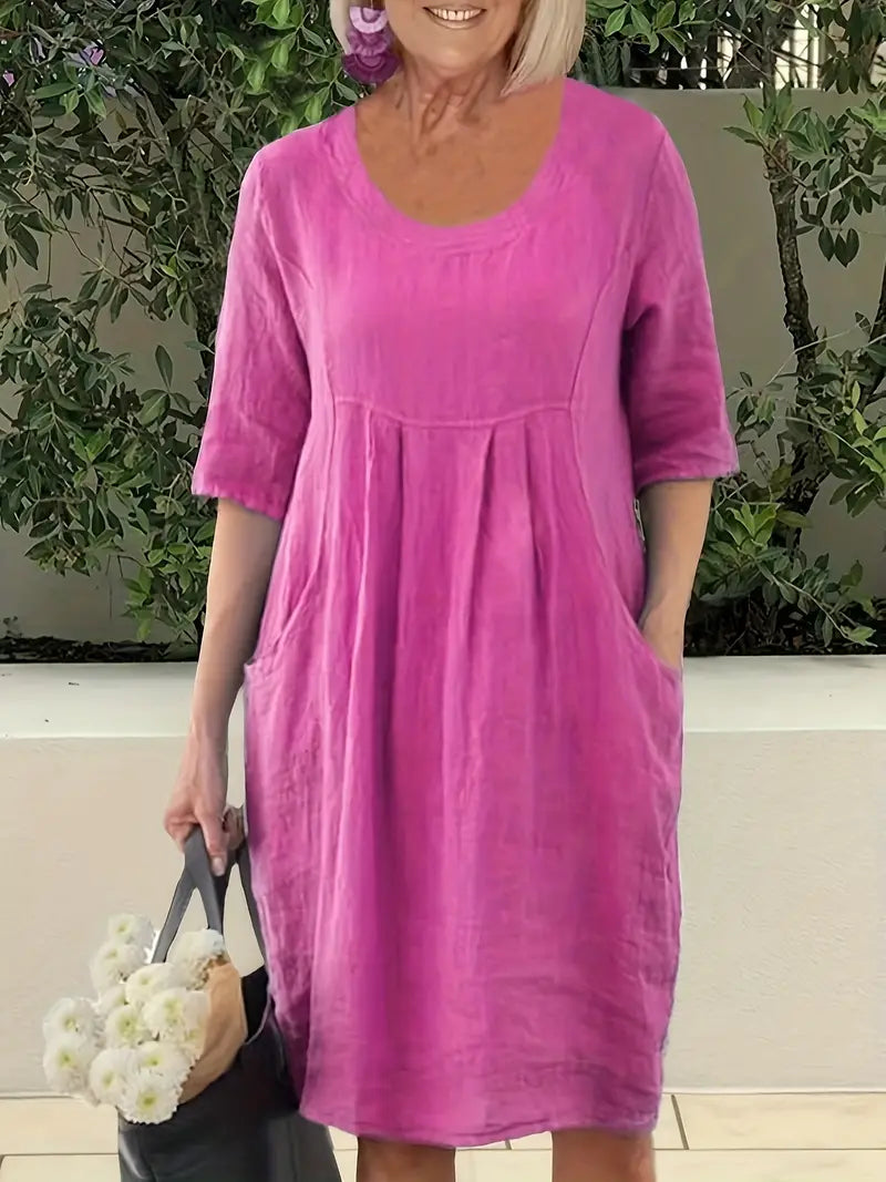 Sophia - Lässiges Einfarbiges Kleid Mit Taschen Und Halbarm