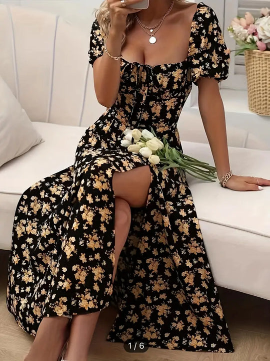 Ava – a-linien-kleid Mit Blumendruck Und Puffärmeln Für Frühling Und Sommer