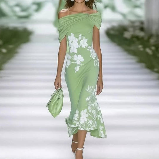 Abendkleid Damen mit Blumenmuster | Midi Schulterfrei