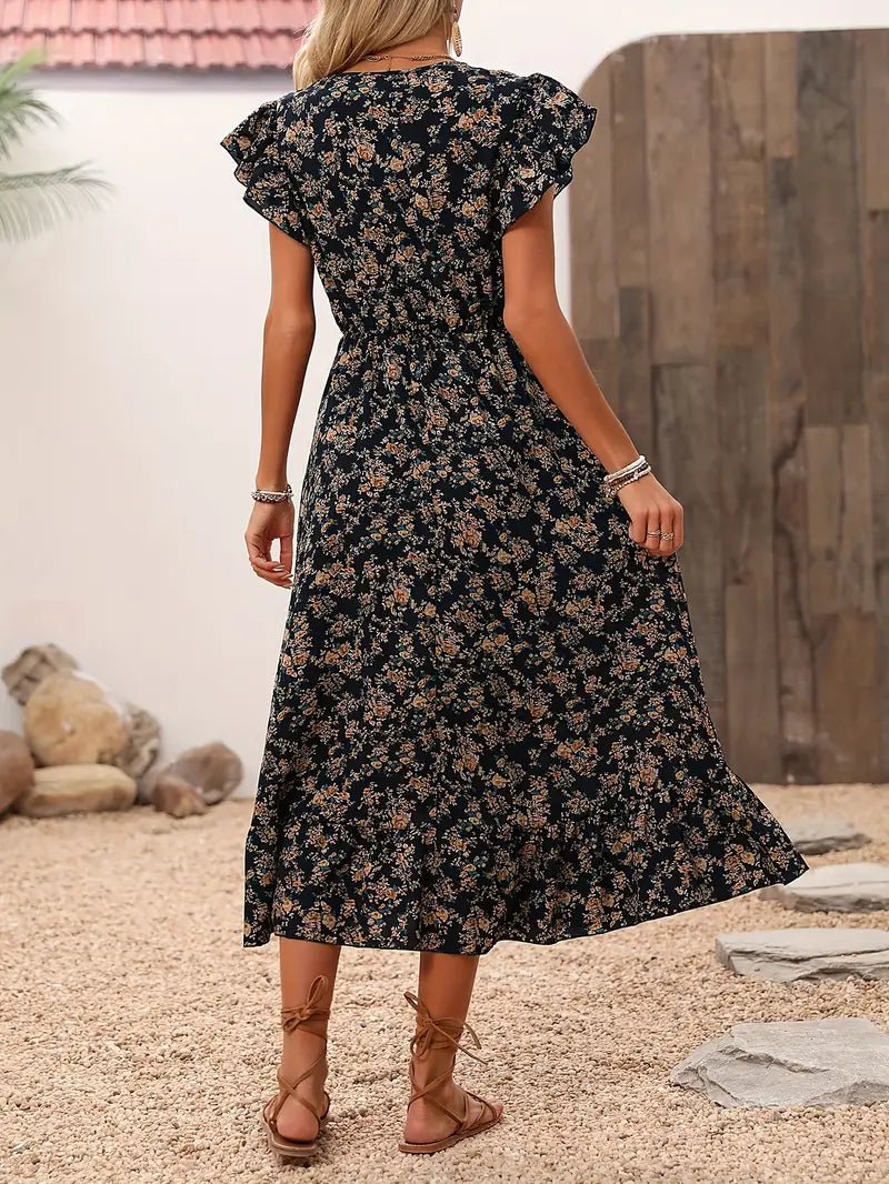 Lily – Florales Kleid Mit V-ausschnitt Und Eleganten Rüschenärmeln